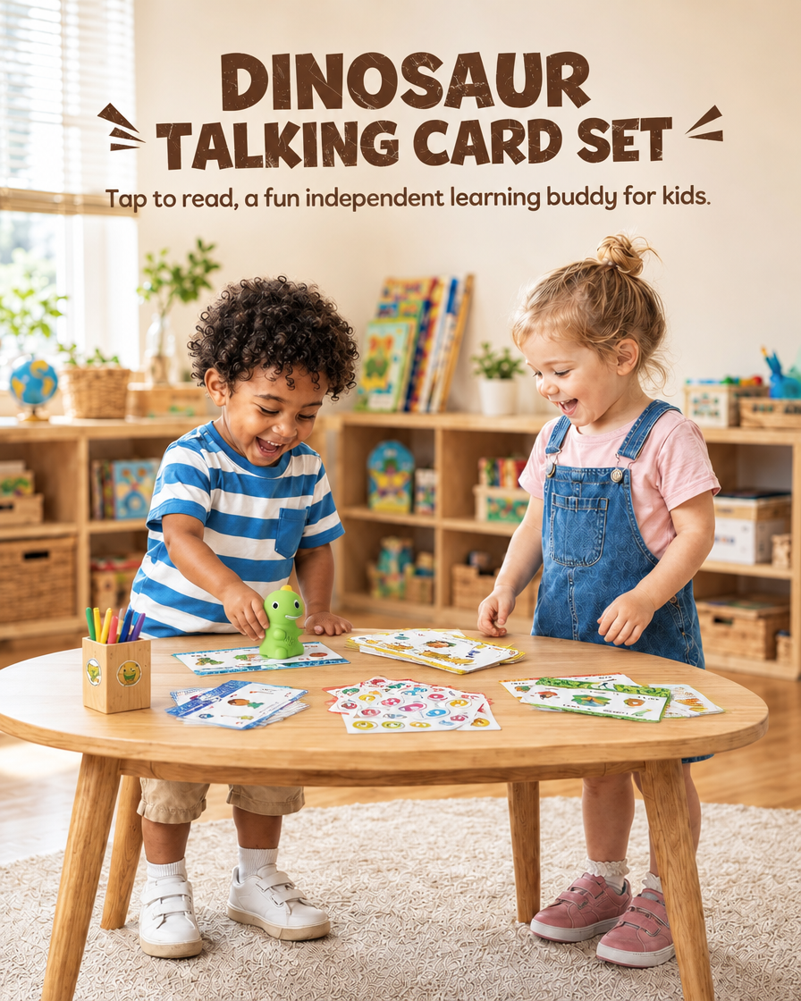 Snuggle Dinosaur Talking Flash Cards - dinosaur talking card set, two kids playing