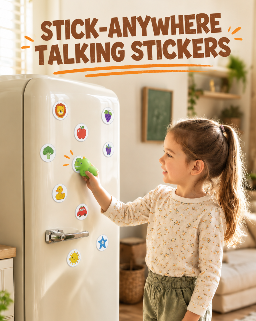 Snuggle Dinosaur Talking Flash Cards - stick-anywhere talking stickers on fridge