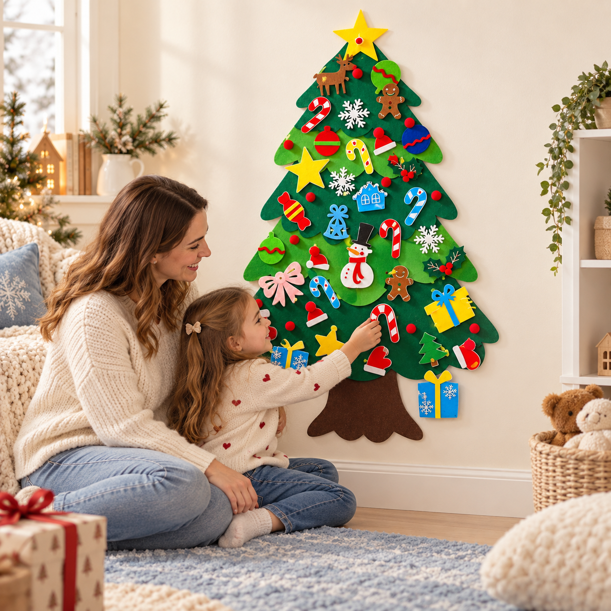 Parent and child decorating My First Merry Tree together