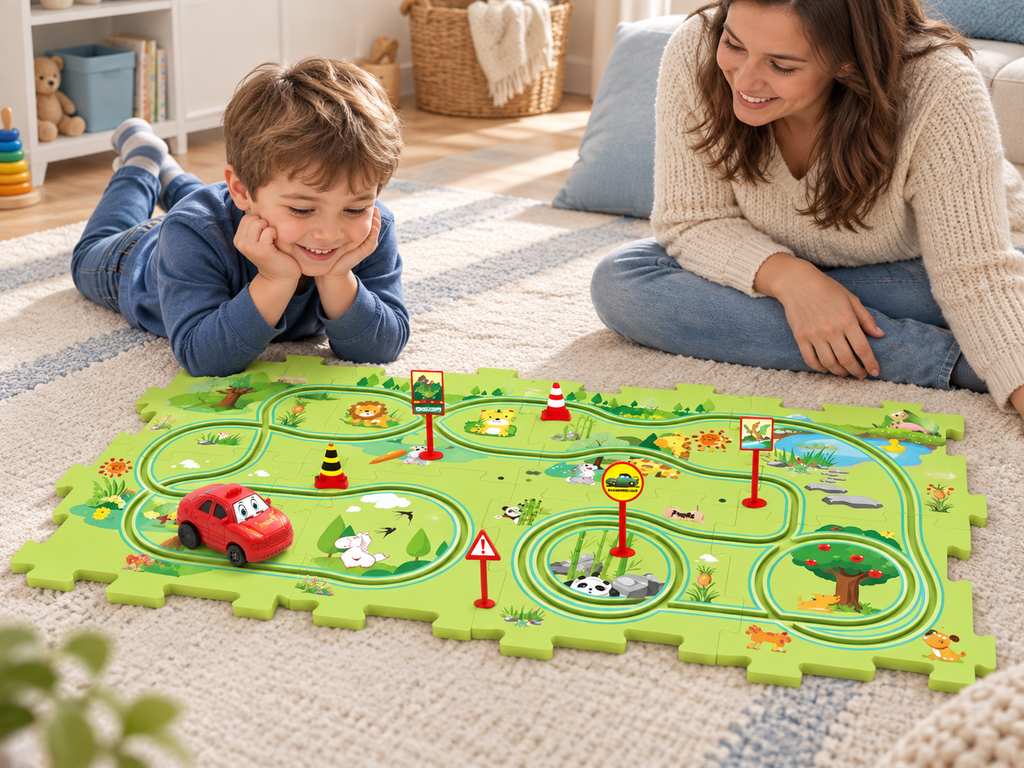 Puzzle Racer Set — Forest play scene concept